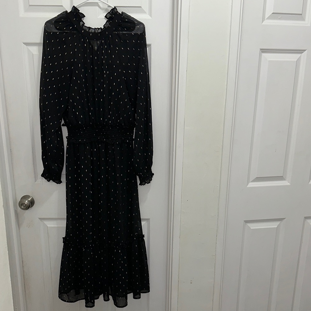 August Sky Nordstrom Black Sheer Long-Sleeve Midi Dress with Subtle Dot Detail